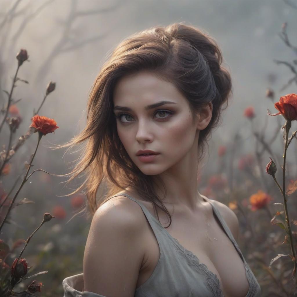  a girl with a brooding look and bloody hair, a graceful and beautiful figure with features reminiscent of angelina jolie and jessica alba bright lips high cheekbones and expressive eyes. high detail, around it gentle twinkling fire, half brown flowers winding around, a dull background with fog and soft light, a mysterious and slightly gloomy atmosphere, a light wind moves hair and clothes, rain drops sparkle on the skin