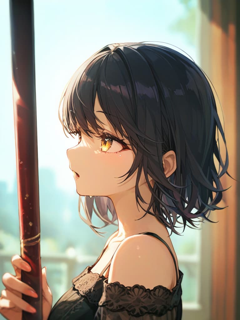  a black haired girl with a magic cane, masterpiece, best quality,8k,ultra detailed,high resolution,an extremely delicate and beautiful,hyper detail