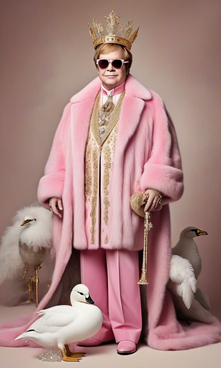  concept art color pink, white, black, gold elton john in full height in a fur coat and crown, he has many swarovski crystals, next to crystal geese . digital artwork, illustrative, painterly, matte painting, highly detailed, perfect hands