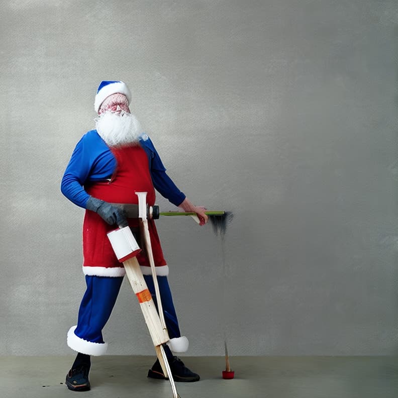  a man with a white beard mid to late 40s wearing a full santa suit painting a long wall with a paint roller and an extension pole