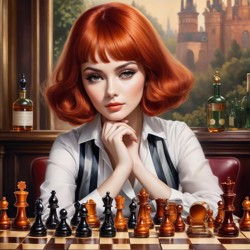  computer graphics, watercolor, fine ink drawing, botanical, digital art, pixel art, beautiful girl, sitting at a chessboard, transparent chess pieces filled with cognac on a chessboard, bottles of cognac, red hair, short bob haircut, retro style of the 60s, huge expressive eyes, long eyelashes, a strict look, 32k, 5d. , close up, professional photo, photorealism,