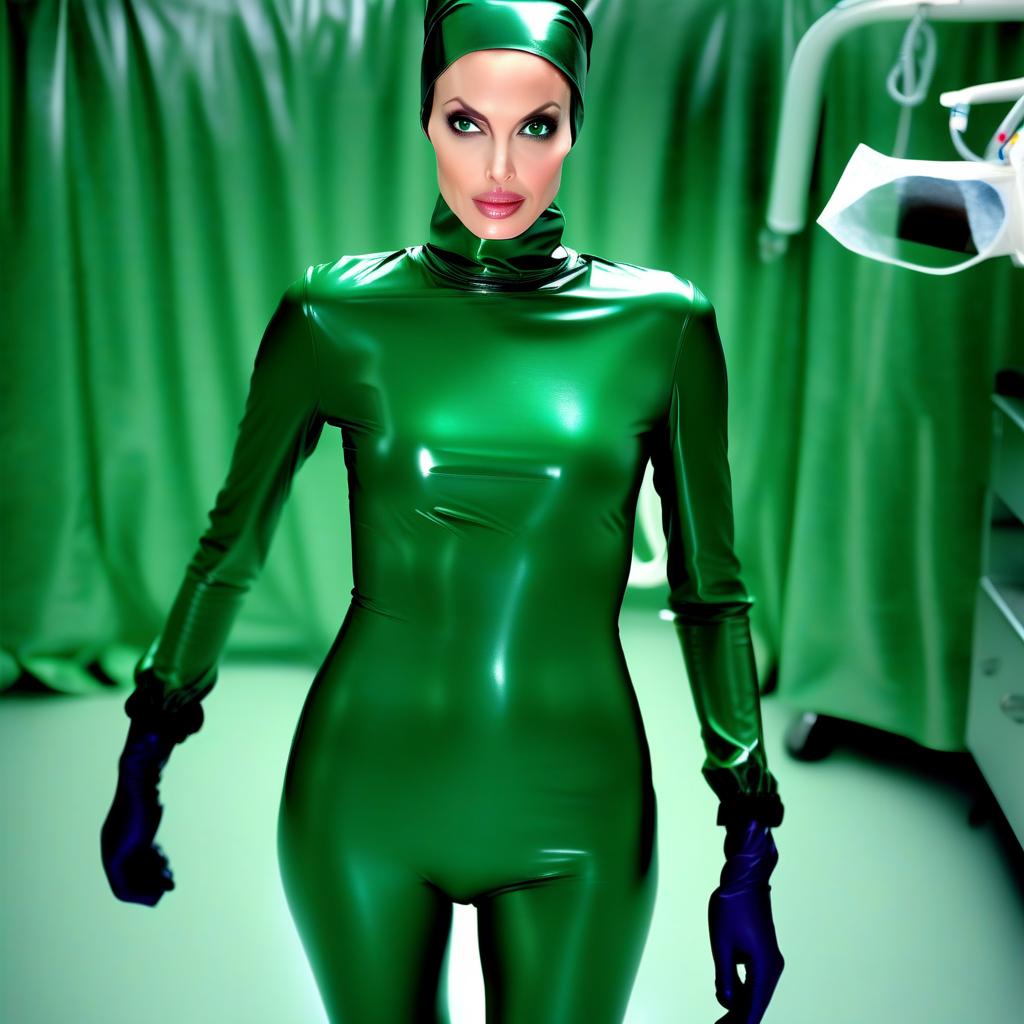  hyperdetailed, standing alone, full length, front view, full face, face of angelina jolie, mistress surgical nurse in background of operating room, fully dressed in glossy latex, knee length surgical gown with elastic waistband, long sleeves with elastic cuffs, all made of glossy dark green latex, on head surgical beret, fully concealing hair, made of glossy dark green latex, on face surgical mask with ribbon ties, made of glossy dark green latex, from under which only emerald green eyes are visible, ankle length pants made of glossy dark green latex, knee length knee high protective shoe covers over the pants, on flat non slip soles, without heels, for work in the operating room, made of glossy dark green latex, surgical gloves covering th