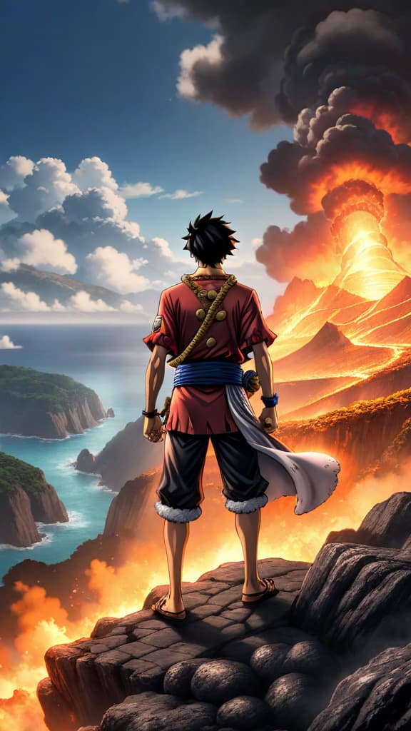  one piece anime art, luffy in gear 5 atop a cliff, wind blowing, facing admiral akainu from molten lava, "to be continued" hyperrealistic, full body, detailed clothing, highly detailed, cinematic lighting, stunningly beautiful, intricate, sharp focus, f/1. 8, 85mm, (centered image composition), (professionally color graded), ((bright soft diffused light)), volumetric fog, trending on instagram, trending on tumblr, HDR 4K, 8K