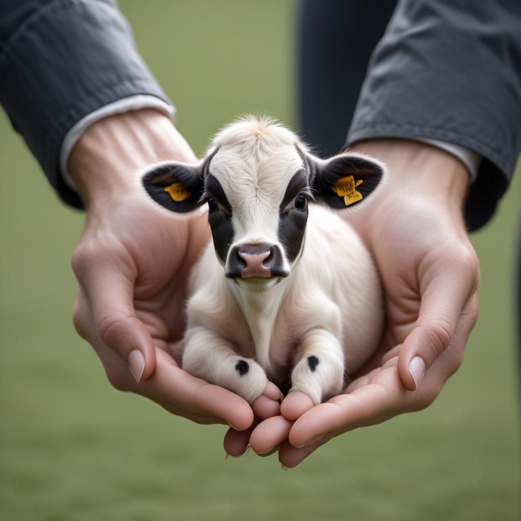  a tiny miniature calf being gently held in the palm of a human's hand. The calf should look very delicate and small in comparison to the hand, emphasizing its miniature size. The background should be soft and blurred to keep the focus on the calf and the hand. hyperrealistic, full body, detailed clothing, highly detailed, cinematic lighting, stunningly beautiful, intricate, sharp focus, f/1. 8, 85mm, (centered image composition), (professionally color graded), ((bright soft diffused light)), volumetric fog, trending on instagram, trending on tumblr, HDR 4K, 8K