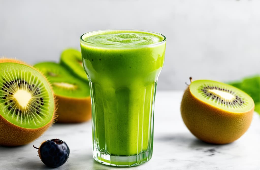  green kiwi smoothie in a glass stands on the table next to a kiwi berry 2/3 of the free space ar 3:2 {prompt}, maximum details