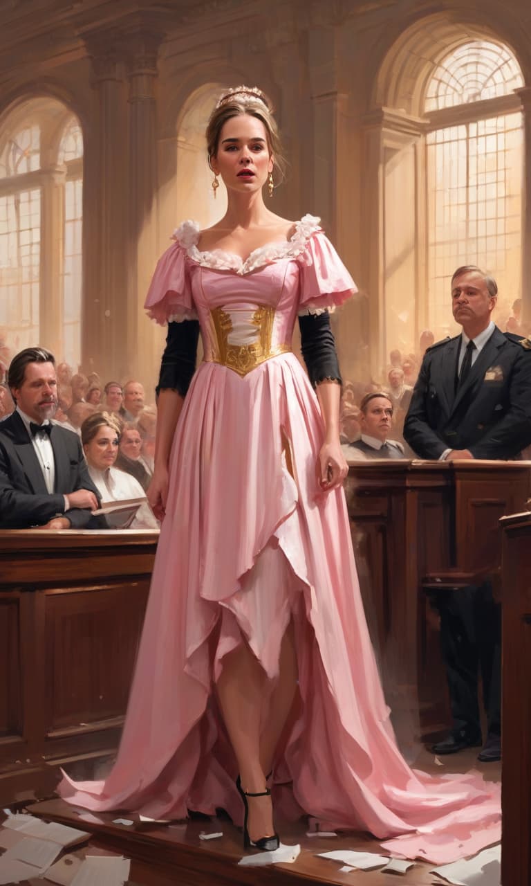  concept art color pink, white, black, gold the courtroom, the judge knocks the hammer, pronounces the verdict, the girl cries, she is wearing a very torn dress, crowd . digital artwork, illustrative, painterly, matte painting, highly detailed, perfect hands