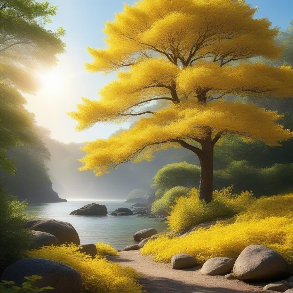  soft brushwork texture. A giant tree stands in front of a forest next to a rock shore with lime-yellow leaves & pink flowers. vibrant yellow sunlight effects with shadow effects.