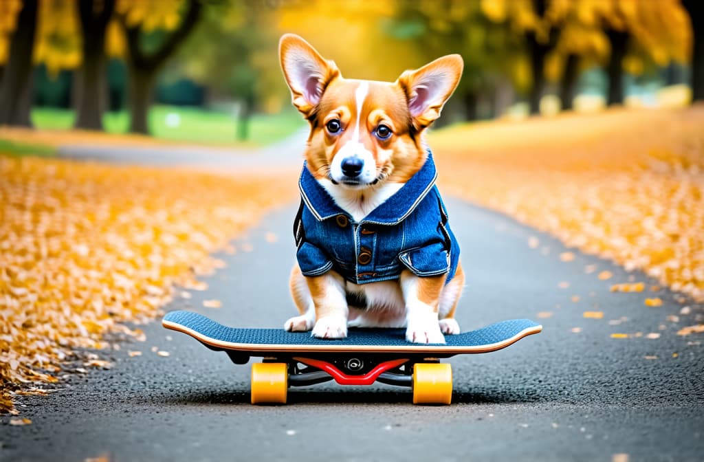  professional detailed photography, a corgi puppy stands with four paws on a platform skateboard on an asphalt path in an autumn park in a denim sleeveless jacket , (muted colors, dim colors, soothing tones), (vsco:0.3)