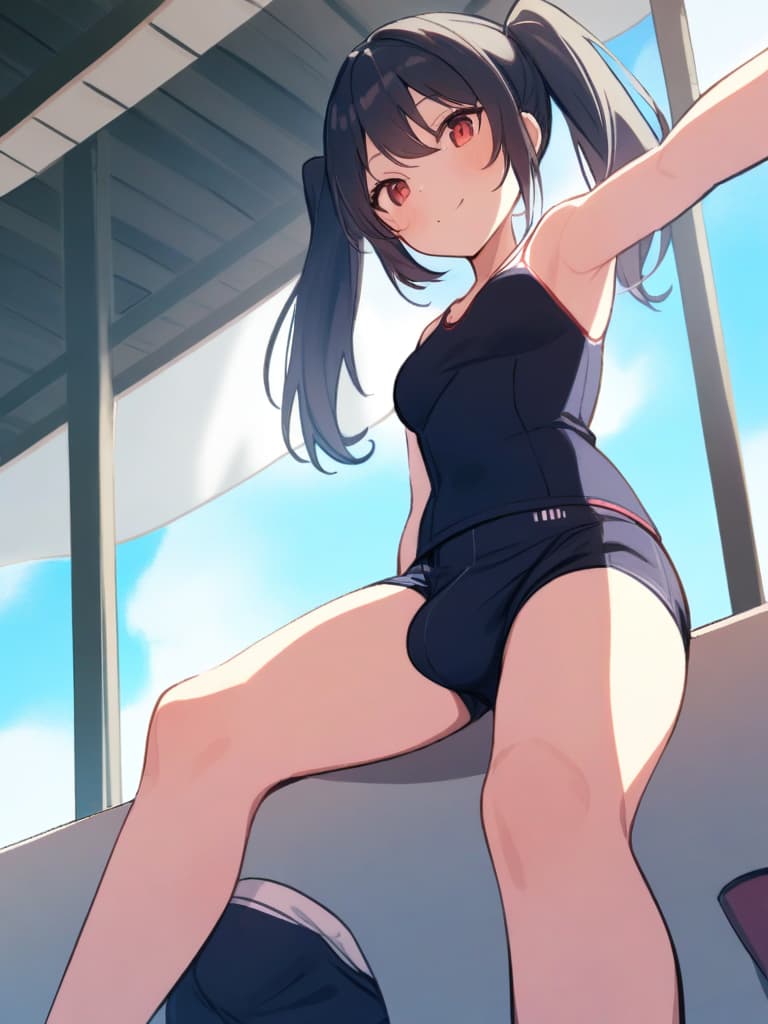  women's elementary students (male), twin tails, cute smiles, (rich s), low stature, dark blue swimwear, old swimwear, , simple, (upward), upward, (bulge), front, whole body, pool side ,,,