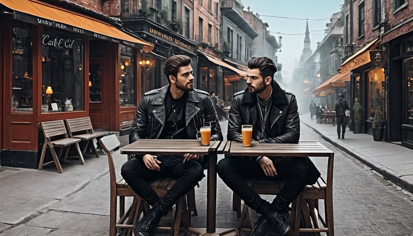  （surrealism)two individuals sitting closely together, wearing similar outfits, mirroring body language, urban café, quiet interaction, sense of cohabitation mystic, intricate details, best quality)