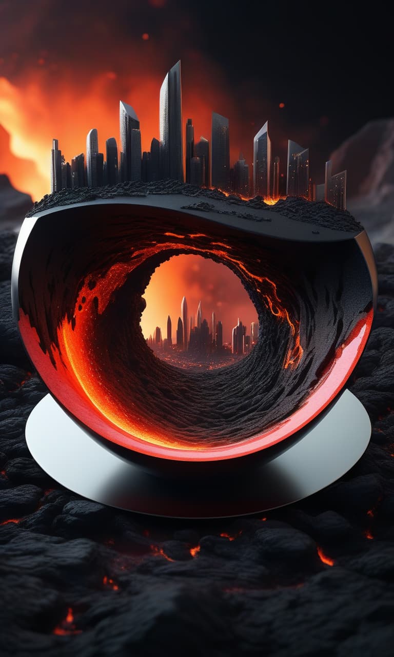  complex composition, futuristic city in the wave shaped bowl+fire lava+black bazalt rock, gloss, weightlessness shaped abstract, sharp focus, reflections, gradient spots, stardust, professional photo