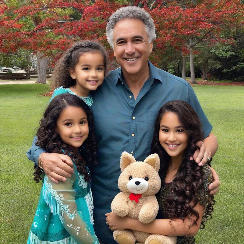  generate a family portrait, dad is puerto rican and dominican tight curly hair about 5inch long hair medium skin color, mom is native american and white very pale skin color with gles and face dark hair with brown eyes, old curly hair light brown hair holding stuffed animal, award winning, professional, highly detailed, masterpiece