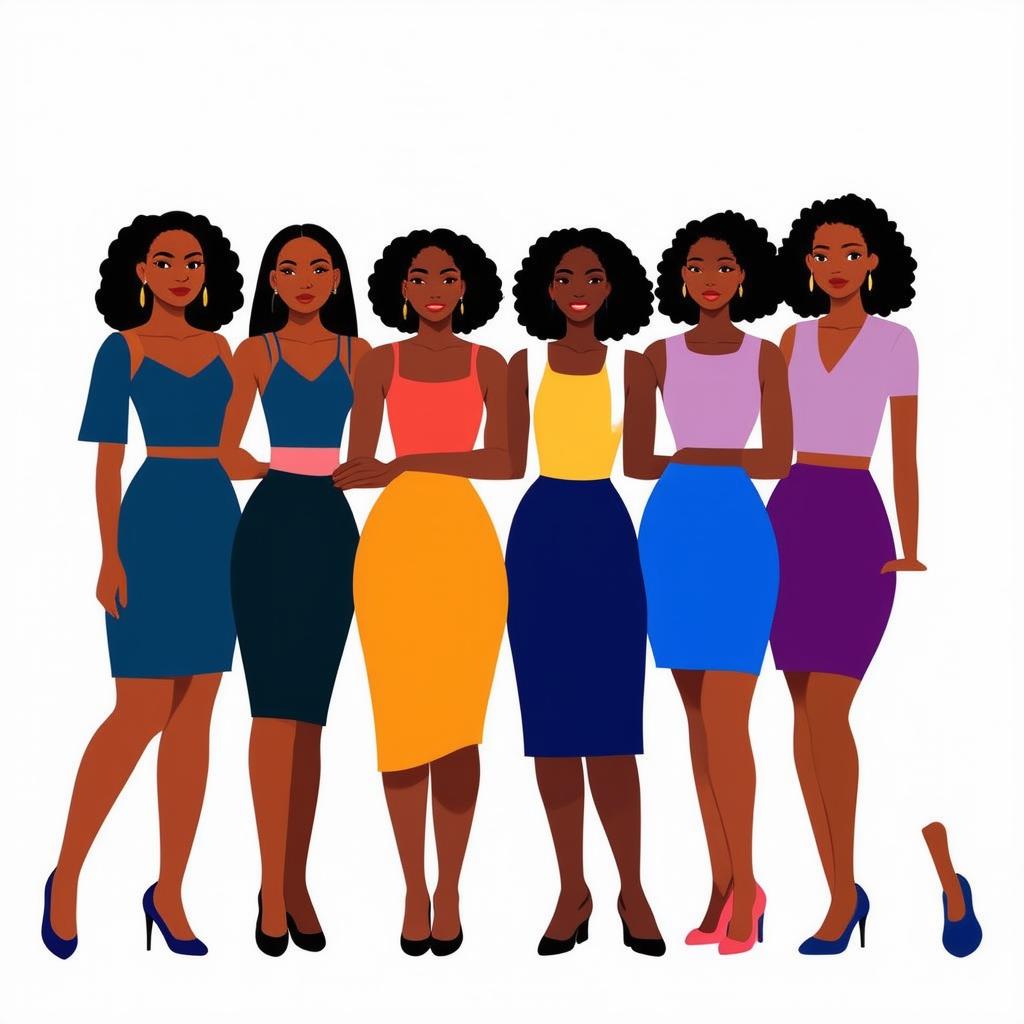  flat illustration, flaticon, (illustration:1.15), group of women. sisterhood concept. illustrations of 6 women with different skin colors who stand next to each other. flat vector on white background, [cory loftis, strobist, pascal campion :: 0.2]