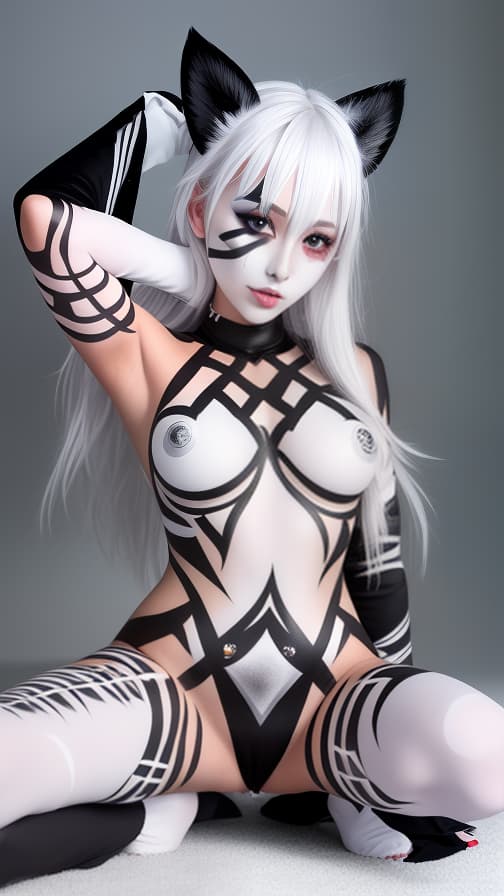  Silver Chessboard check body paint in every corner of the body, White body paint all over the body,White face paint on the face, Dark elf,Full body image 女性