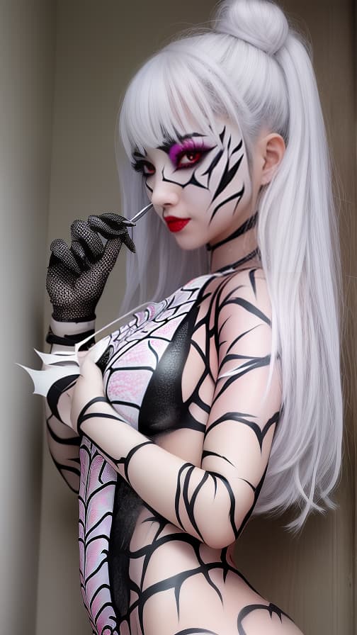  Spider-patterned body paint in every corner of the whole body, full-body white body paint, Silver face paint on the face, succubus 女性