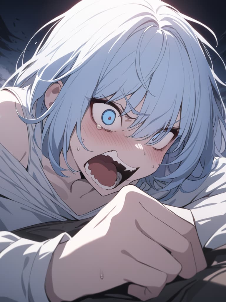  light blue hair, light blue eye, bob hair, darkness, hatred, angry crying, night, end of world, shouting, dug, crazy eyes, masterpiece, best quality,8k,ultra detailed,high resolution,an extremely delicate and beautiful,hyper detail