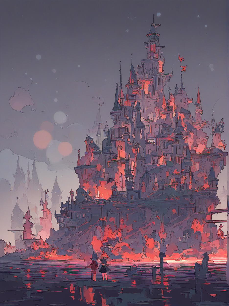  make me a picture of a gloomy futuristic castle 2d pixealized . best quality, high resolution