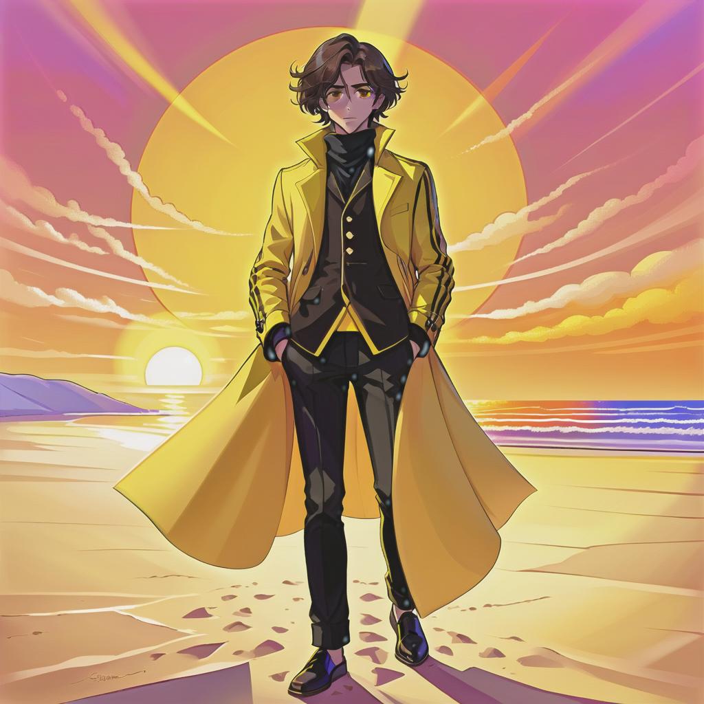  psychedelic style a young man stands on a beach where the soft sand extends to the horizon. he has long dark brown hair, which flies slightly in the breeze. his face, with pronounced jewish and slavic features, radiates lively energy. brown eyes are full of deep emotions, as if reflecting the vast expanses of the ocean. he wears a bright yellow coat that seems to shine, catching the eye and contrasting with the soft shades of the sunset. under his coat he wears a black shirt and black pants are decorated with yellow elements, creating a stylish and dynamic look. the sunset blooms in the sky, turning the surrounding space into a magical spectacle. the bright red rays of the sun fall on the terrain in stripes, highlighting the sandy shore and