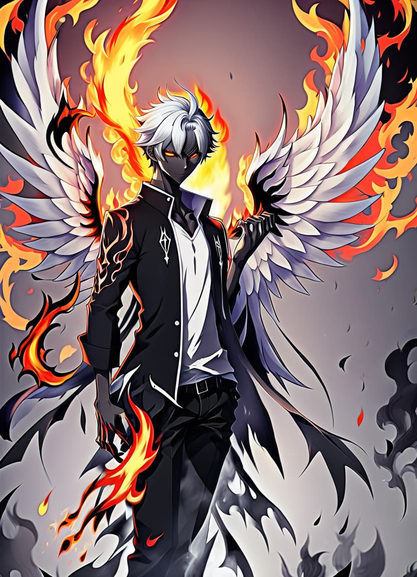  anime artwork make him a demon with wings and in his right hand he has a black and white flame . anime style, key visual, vibrant, studio anime, highly detailed