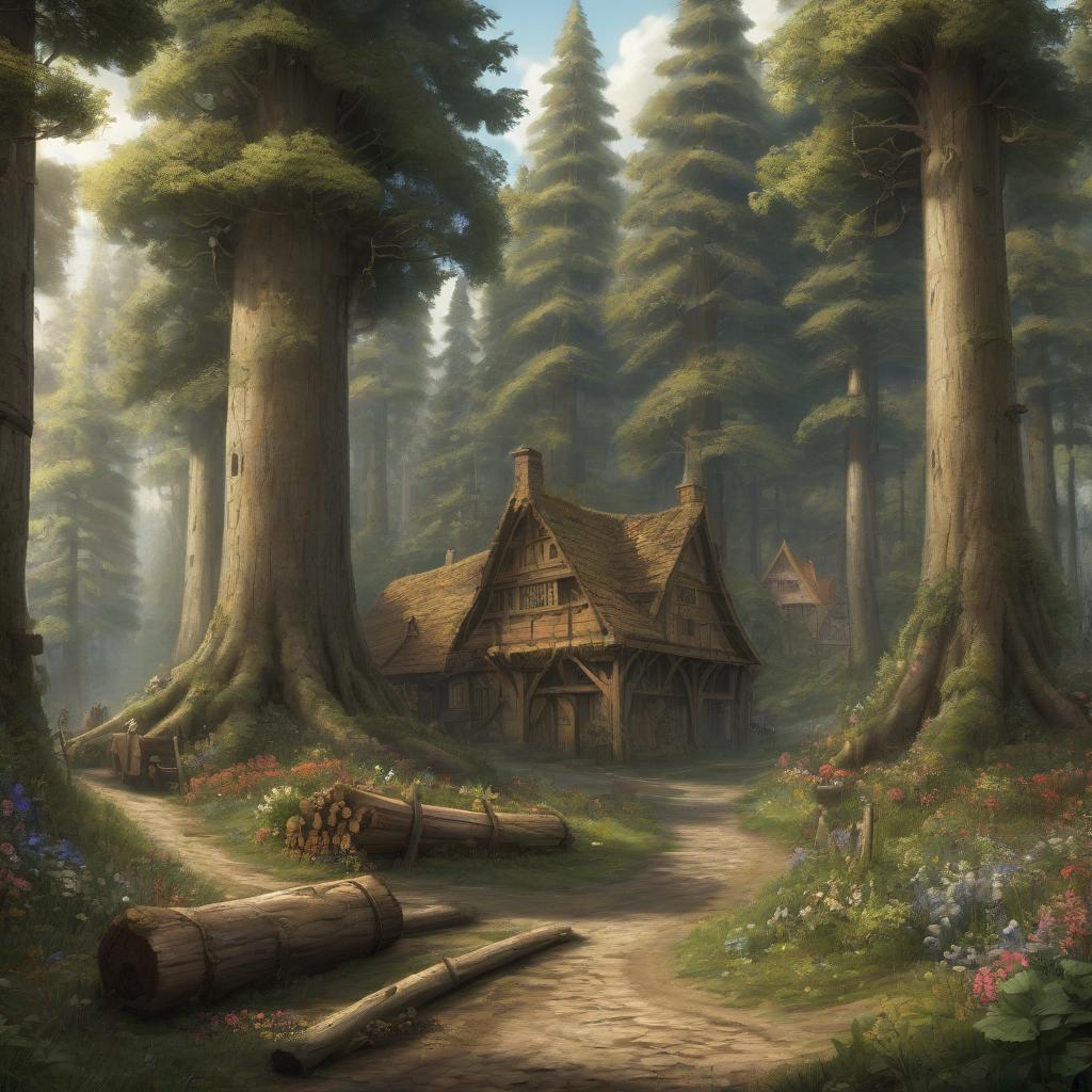  draw in a medieval style this scene where the area was famous for tall trees and rich flora, making it an ideal place for loggers to live