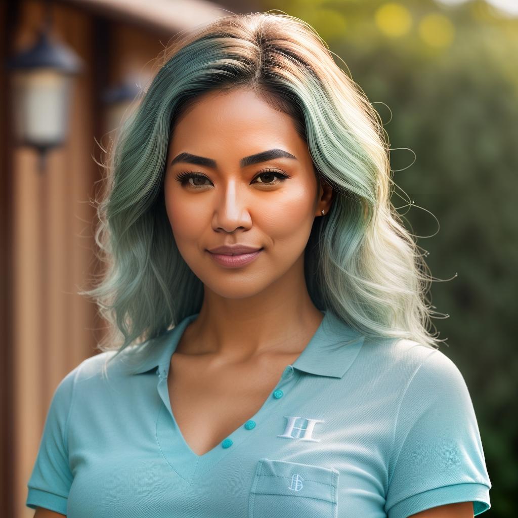  (((realistic full torso frontal head shot of a light tan skin tone woman))), ga young young seo, ((korean heritage)), immature face, green eye color, ((wavy hair style)), ((blue hair color)), (( body type)), big size, fat size, (immature small rounded nose), (immature high cheekbones), (immature smooth jawline), (immature medium lips), (immature broad forehead), (immature natural eyebrows), (immature dimpled chin), standing straight looking directly into the camera,((wearing fitted polo shirt with deep v neck and monogrammed pocket)), backyard in background, 1, best quality, highest quality, award winning photo, masterpiece, raw, professional photography, photorealism, sharp focus, cinematic, high resolution, shar hyperrealistic, full body, detailed clothing, highly detailed, cinematic lighting, stunningly beautiful, intricate, sharp focus, f/1. 8, 85mm, (centered image composition), (professionally color graded), ((bright soft diffused light)), volumetric fog, trending on instagram, trending on tumblr, HDR 4K, 8K