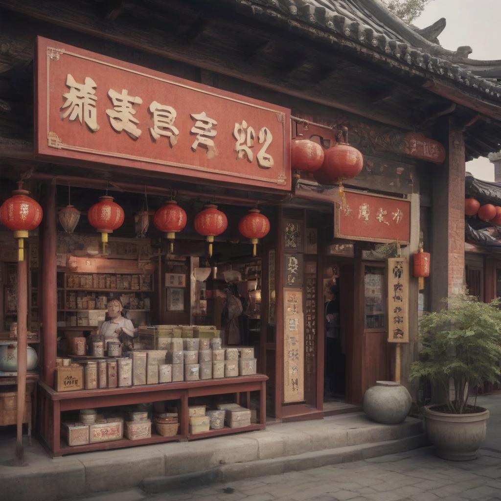  chinese town, tea store, tea ceremony, sign text “tea875”, epic foto, 4k