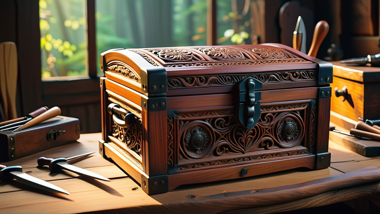  a beautifully crafted wooden box with intricate carvings, surrounded by various woodworking tools like chisels and saws, placed on a rustic workbench. soft natural light streams in, highlighting the box's rich, warm wood tones. hyperrealistic, full body, detailed clothing, highly detailed, cinematic lighting, stunningly beautiful, intricate, sharp focus, f/1. 8, 85mm, (centered image composition), (professionally color graded), ((bright soft diffused light)), volumetric fog, trending on instagram, trending on tumblr, HDR 4K, 8K