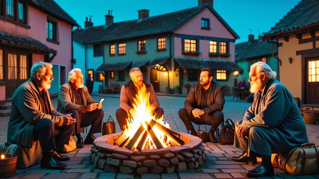  a split scene: on one side, a rustic village at twilight with an elderly storyteller around a fire, while on the other, a modern city street at night with groups sharing tales on smartphones. hyperrealistic, full body, detailed clothing, highly detailed, cinematic lighting, stunningly beautiful, intricate, sharp focus, f/1. 8, 85mm, (centered image composition), (professionally color graded), ((bright soft diffused light)), volumetric fog, trending on instagram, trending on tumblr, HDR 4K, 8K