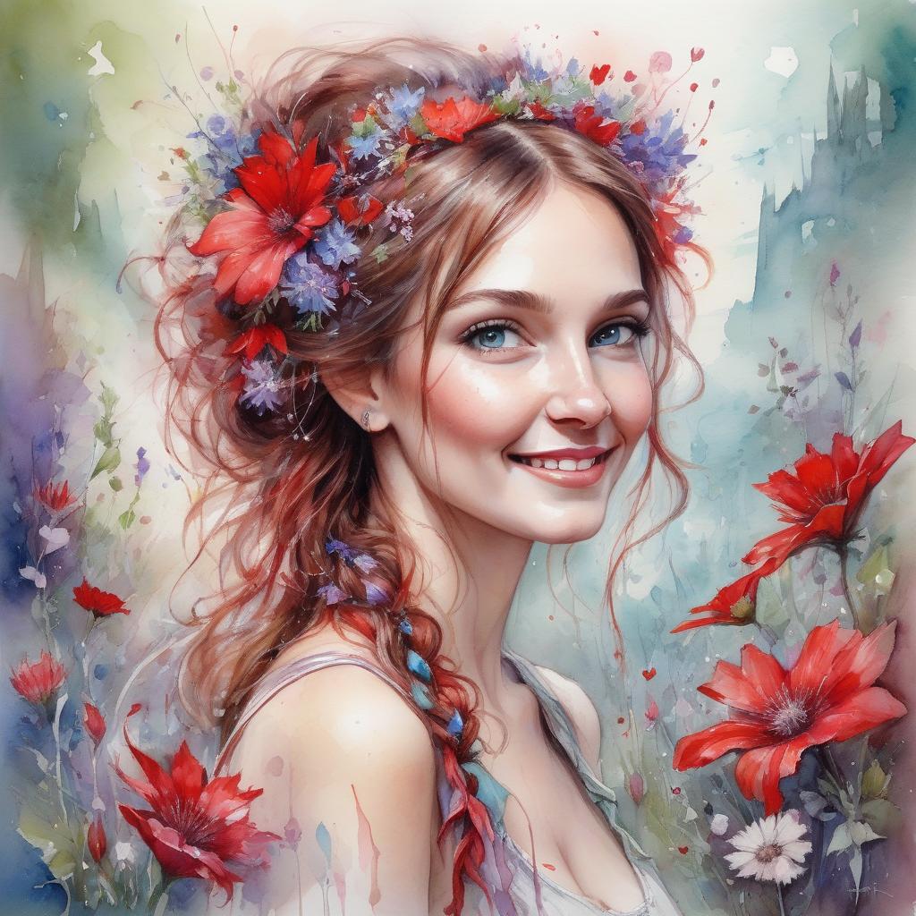  watercolor painting portrait of a smiling woman with flowers in her hair, immersed in a dreamy, flower strewn landscape. background drawing with red wildflowers and irregular geometric shapes, works by jean baptiste monge, carne griffiths, beautiful, radiant, colorful, over detailed, detailed, sublime, perfection, photorealistic, bright, rear view, full length, sensual, shy and timid, . vibrant, beautiful, painterly, detailed, textural, artistic