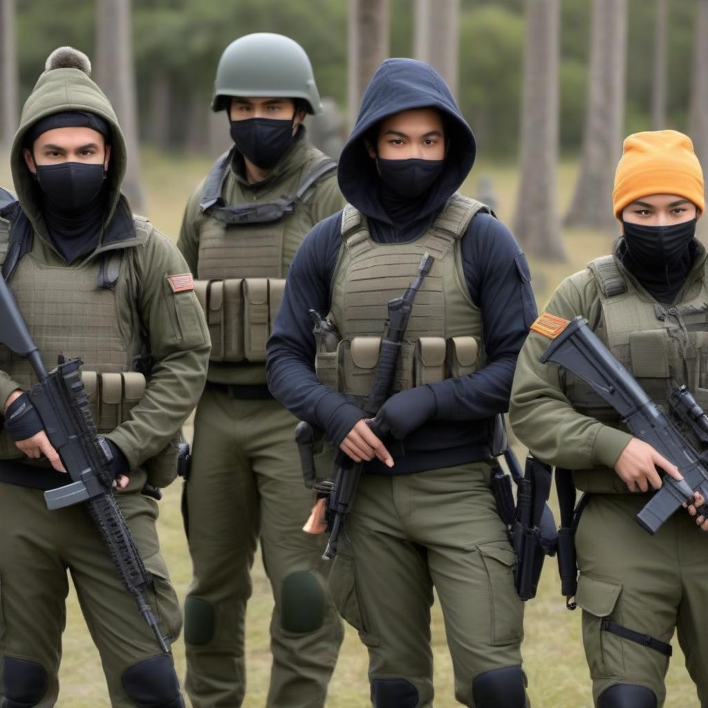  Four people. They are dressed in modern military equipment. Everyone is wearing hoods and face masks. Everyone has a weapon.