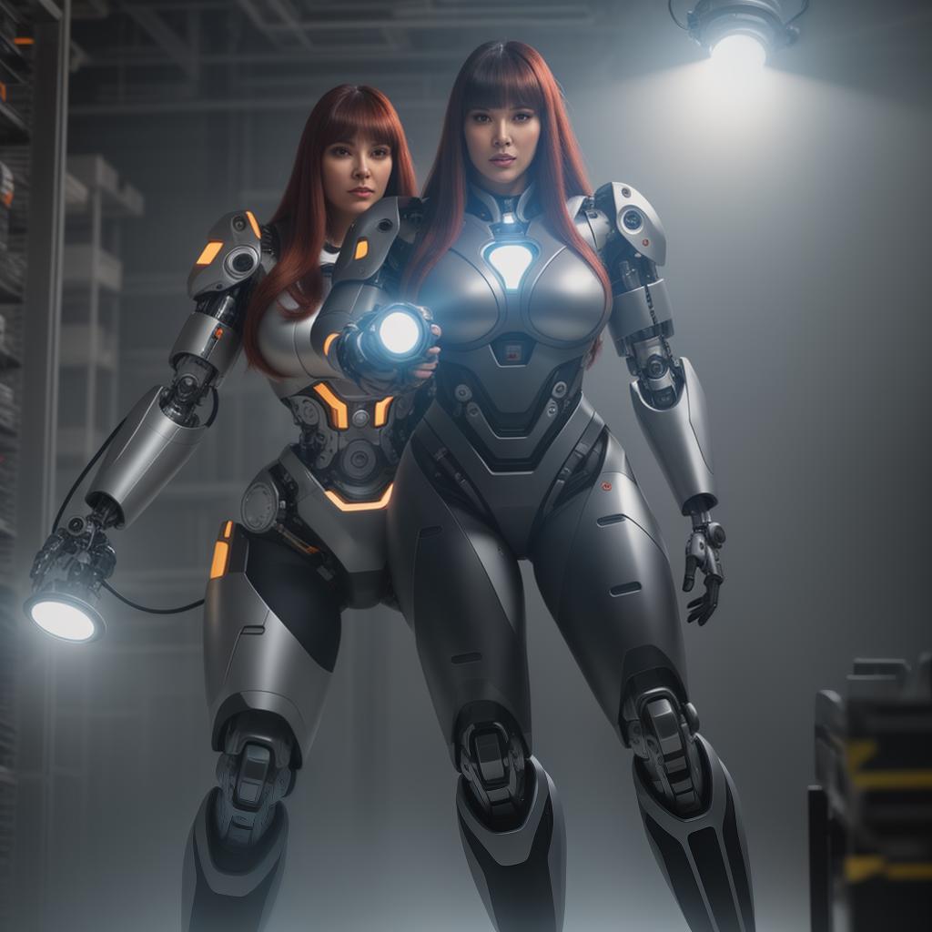  A cyborg obese woman with long hair and bangs, robotic arms and legs, exposed components and wiring, brightly lit laboratory background, full body photo looking into the camera hyperrealistic, full body, detailed clothing, highly detailed, cinematic lighting, stunningly beautiful, intricate, sharp focus, f/1. 8, 85mm, (centered image composition), (professionally color graded), ((bright soft diffused light)), volumetric fog, trending on instagram, trending on tumblr, HDR 4K, 8K