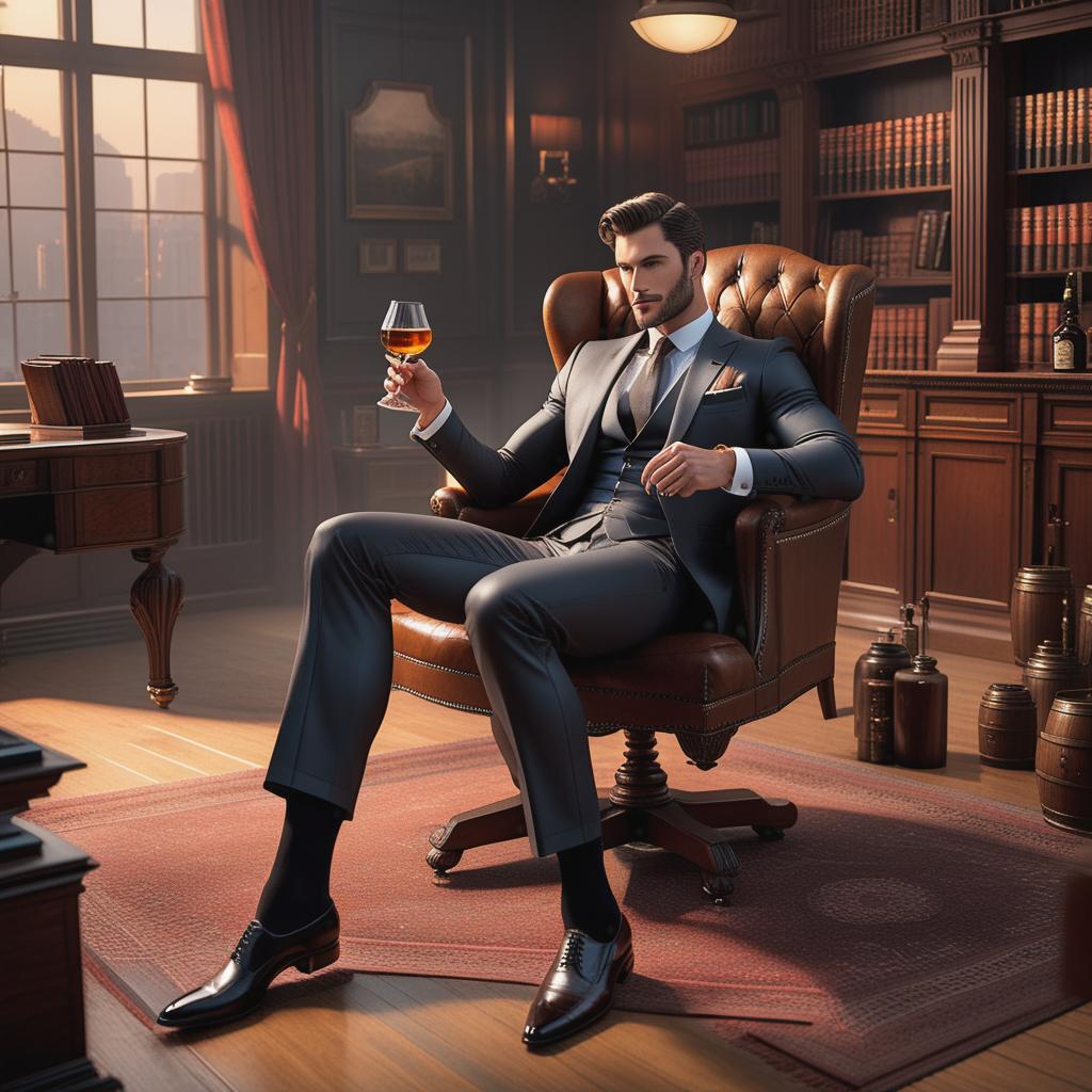  a drunk young handsome suited teacher who wears black sheer otc socks,fine suit,fine leather shoes,fine suit pants.he sits inside his office,drinking whiskey,clearly drunk,stroking his big cock, ((3d)) hyperrealistic, full body, detailed clothing, highly detailed, cinematic lighting, stunningly beautiful, intricate, sharp focus, f/1. 8, 85mm, (centered image composition), (professionally color graded), ((bright soft diffused light)), volumetric fog, trending on instagram, trending on tumblr, HDR 4K, 8K