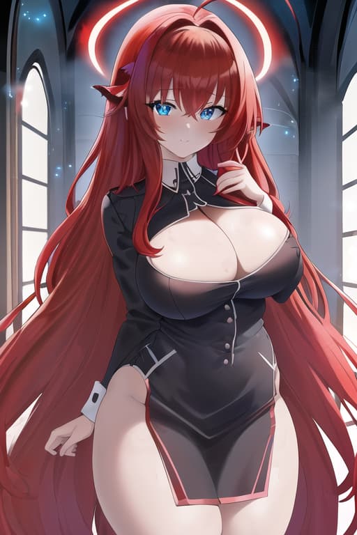  ,masterpiece, best quality, 1women, long red hair, looking at viewer, :3, cute, black uniform, outdoors, streets, cow shot, curvy, (((blue eyes))), rias gremory, red hair, antenna hair, wavy hair, ((beautiful detailed eyes, beautiful detailed glow, lots of glow)), anime screencap