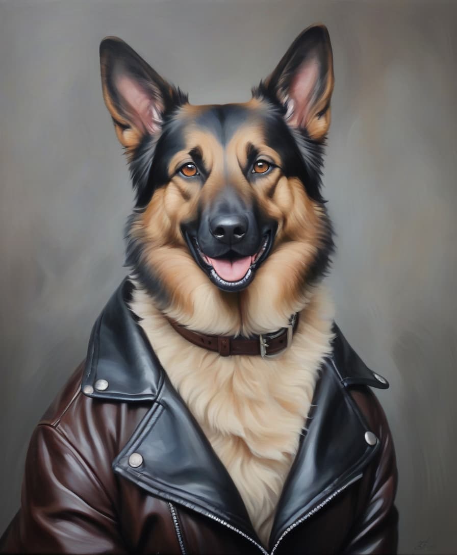  oil painting.. portrait of a shepherd dog in a leather jacket