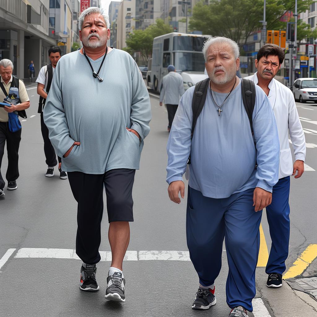  a middle-aged male, hobbling, with swelling around his knees, walking with obvious pain expression, showing symptoms of arthritis.