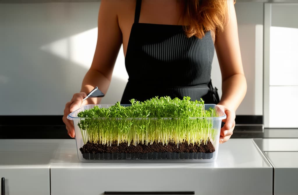  cinematic film style, woman seeding microgreens in plastic box, white modern kitchen ar 3:2, shallow depth of field, vignette, maximum details, high budget hollywood movie, bokeh, cinemascope, moody, epic, gorgeous, sun rays and shadows on furniture and surfaces, flattering light, raw photo, photography, photorealistic, 8k resolution, f1.4, sharpened focus, sharp focus