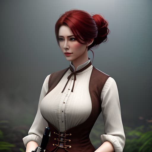  a with dark red hair gathered in a low bun, dressed in a white shirt, brown vest and brown of the 19th century, stood tall in the wild west, made in the form of a drawing, (3d render:1.25), realistic, dark, epic, (detailed:1.22), textured hyperrealistic, full body, detailed clothing, highly detailed, cinematic lighting, stunningly beautiful, intricate, sharp focus, f/1. 8, 85mm, (centered image composition), (professionally color graded), ((bright soft diffused light)), volumetric fog, trending on instagram, trending on tumblr, HDR 4K, 8K