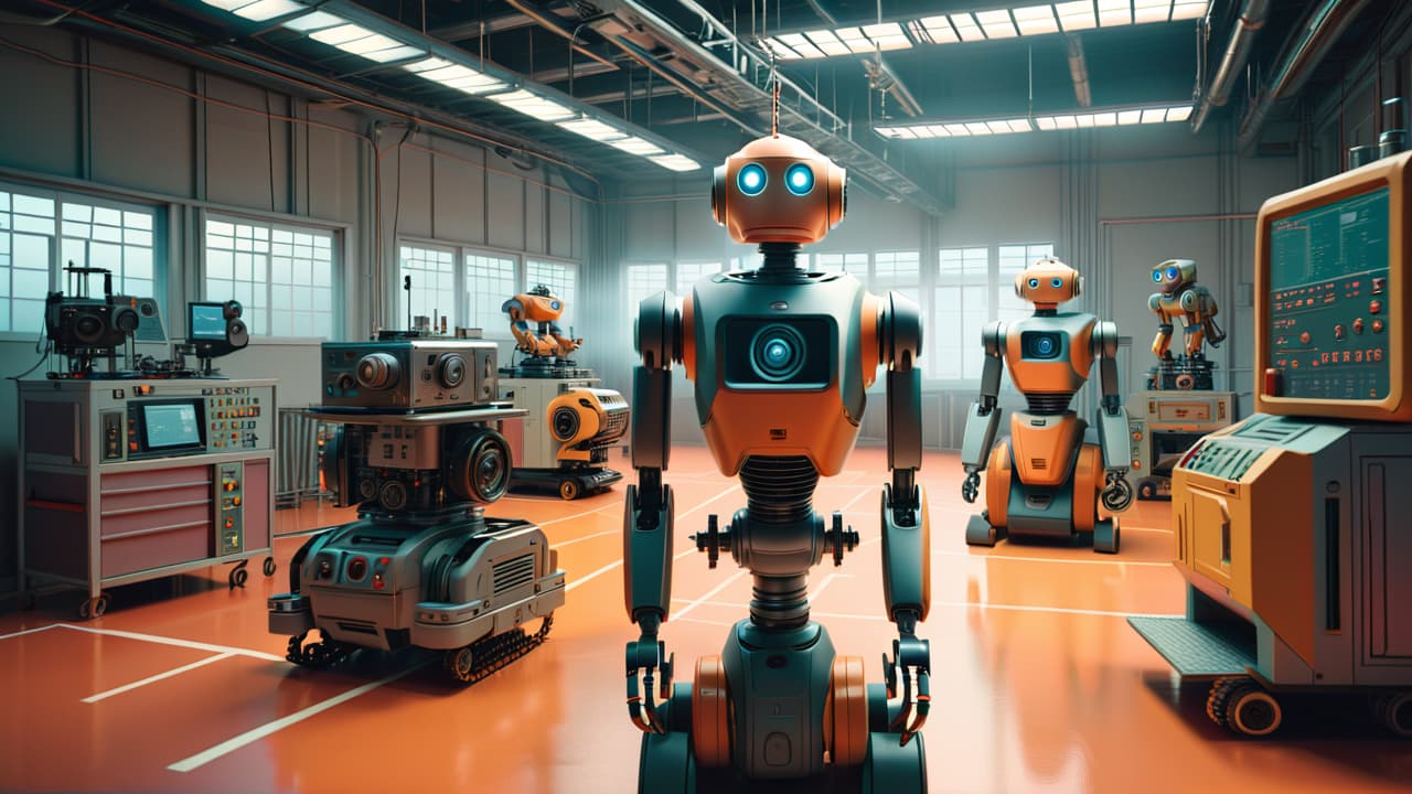  create an illustration featuring five distinct robots: an industrial robot in a factory, a humanoid robot in a home setting, a medical robot in a hospital, a drone in the sky, and an exploration robot on mars. hyperrealistic, full body, detailed clothing, highly detailed, cinematic lighting, stunningly beautiful, intricate, sharp focus, f/1. 8, 85mm, (centered image composition), (professionally color graded), ((bright soft diffused light)), volumetric fog, trending on instagram, trending on tumblr, HDR 4K, 8K