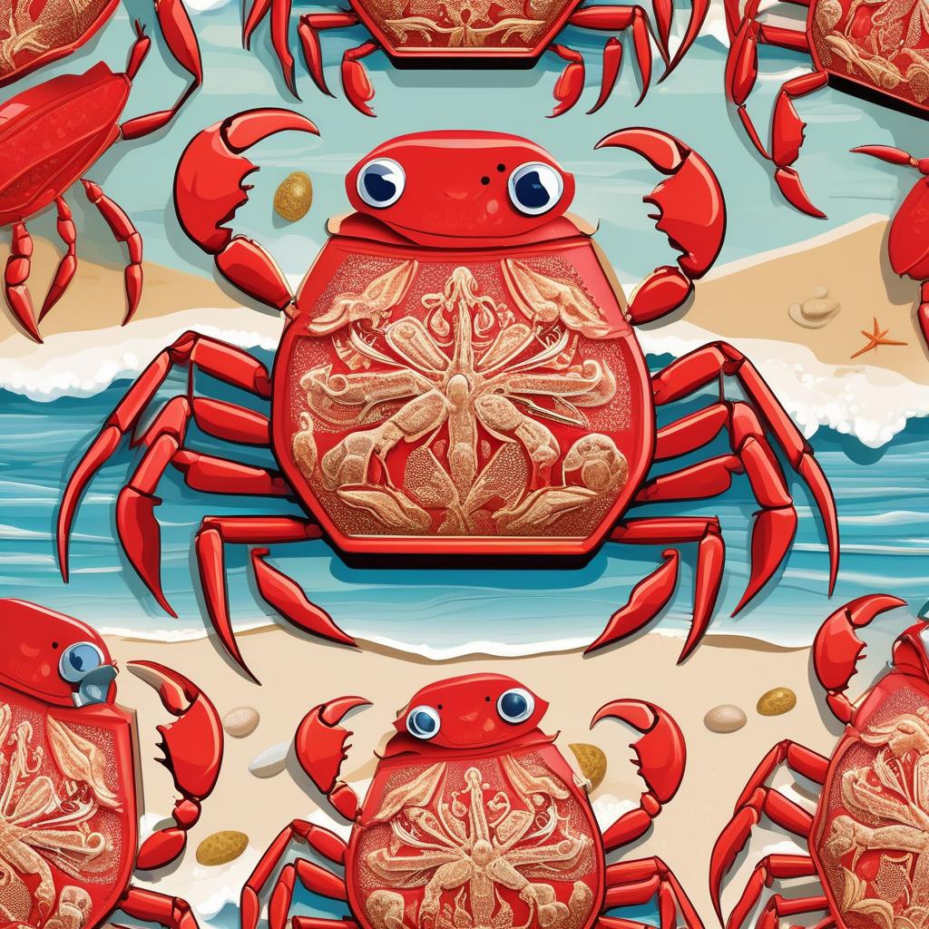  Masterpiece, best quality, a luxurious high-end gift box displayed on Sandy's beach, surrounded by vibrant red crabs. The box is elegantly designed with complex patterns and glossy surfaces that stand out against a natural background. The atmosphere is whimsical, charming, full of mystery and excitement. The style is a realistic painting that captures every detail of crabs and gift boxes. The light is soft and diffuse, creating a fantastic quality scene. The realization is to use a high-resolution camera to capture the intricate details of the design and the vivid colors of the crab.