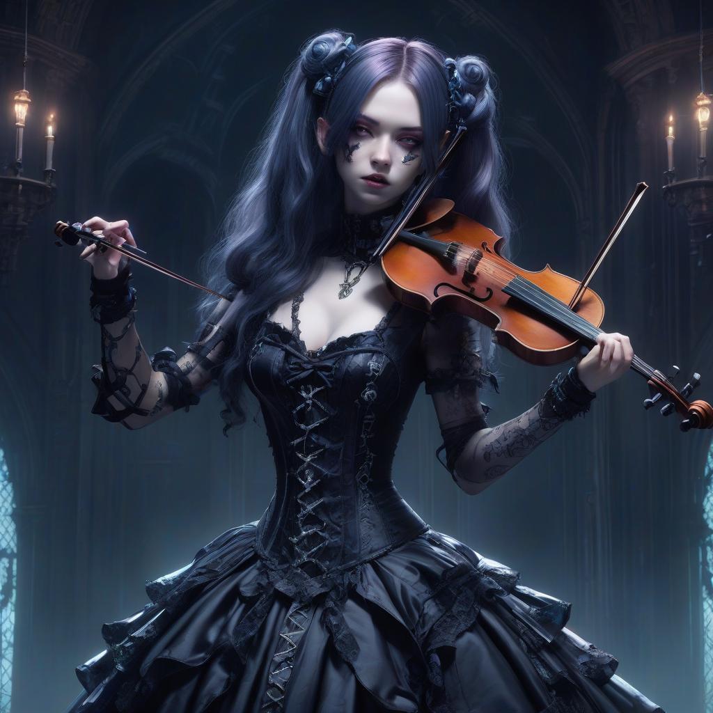  cyberpunk, gothic, rococo, girl playing violin.