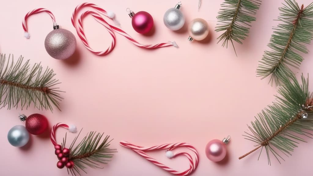  Create artwork Christmas flat lay composition with stylish baubles, decorations, fir branches on light pink background. ar 16:9 using watercolor techniques, featuring fluid colors, subtle gradients, transparency associated with watercolor art