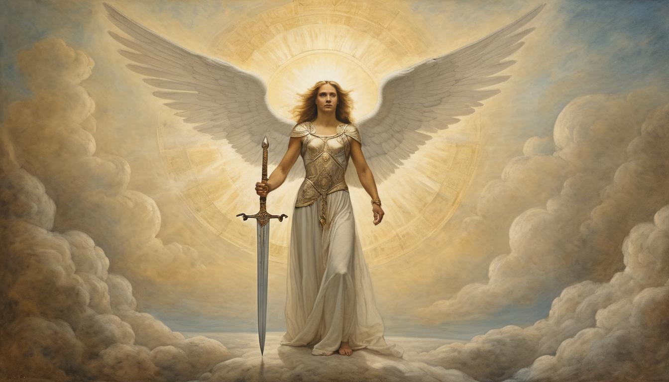  on parchment, surrealism++, majestic angelic figure, holding a gleaming sword, ethereal wings outstretched, halo radiating light, heavenly battlefield, victorious serenity(mysterious, provocative, symbolic)++