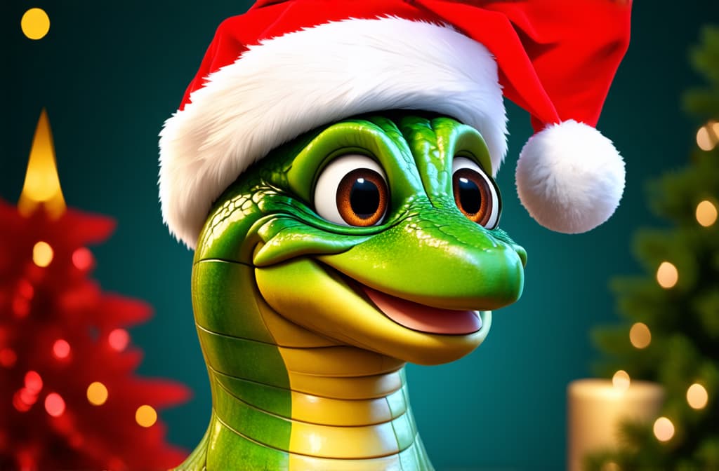  big head, big eyes, caricature, a caricature, rendering, (figurativism:0.8), full body green wooden snake in santa claus hat on new year background ar 3:2, epic realistic, pixar style, disney, (cycles render:1.3), caustics, (glossy:0.58), (artstation:0.2), cute