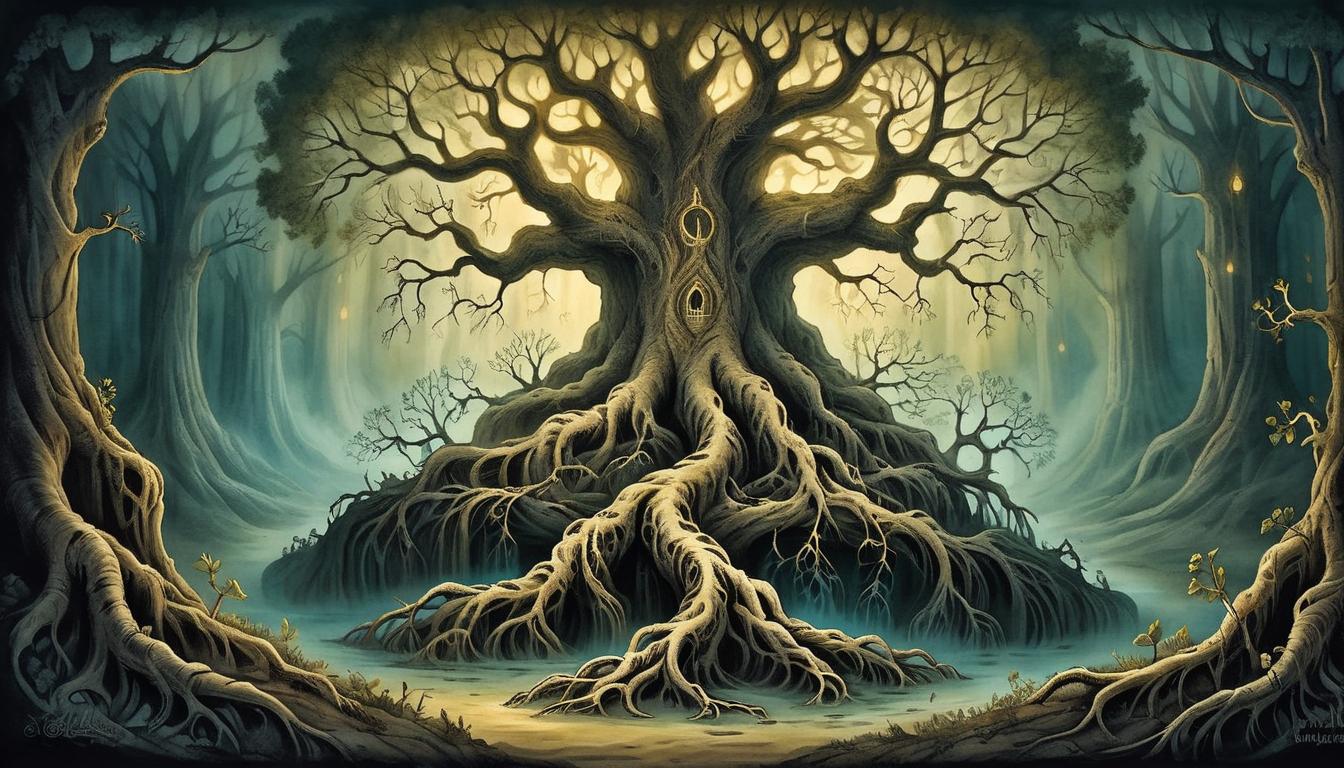  on parchment, surrealism+++, tree roots intertwining underground with glowing veins of light, symbolizing strength and divine purpose, connected, deep, powerful(mysterious, provocative, symbolic,muted color)+++