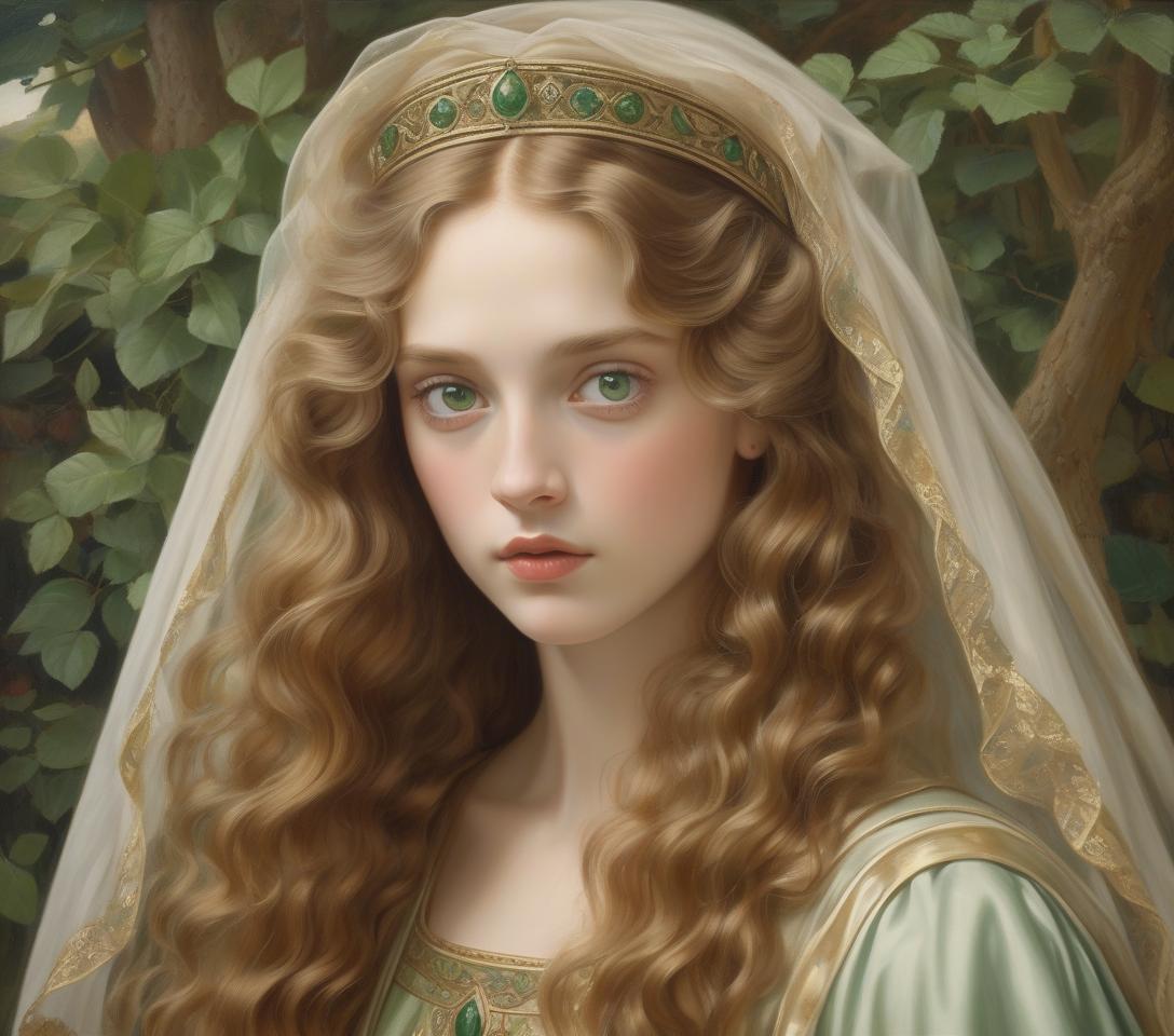  ultra realistic oil on canvas of a princess wearing a noble roman she has fair skin with a cool undertone and light brown voluminous curly long hair she is tunic she looking slightly upwards she wears a veil around her hair she wears she has green dreamy eyes do not add makeup use pre raphaelite techniques