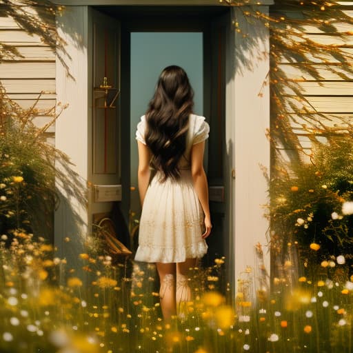  to create a cover of the musical "door in the summer" on which a girl with long dark hair standing in the field looking in a doorway hyperrealistic, full body, detailed clothing, highly detailed, cinematic lighting, stunningly beautiful, intricate, sharp focus, f/1. 8, 85mm, (centered image composition), (professionally color graded), ((bright soft diffused light)), volumetric fog, trending on instagram, trending on tumblr, HDR 4K, 8K