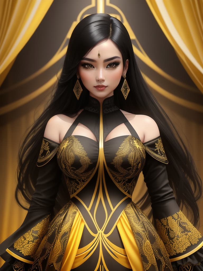  Golden yellow and sleek black color palette, captivating and inviting expression, exuding elegance and charm, magnetic beauty, intricate details, high contrast, luxurious feel, digital art, female, glossy finish, striking composition, dynamic lighting to enhance features.