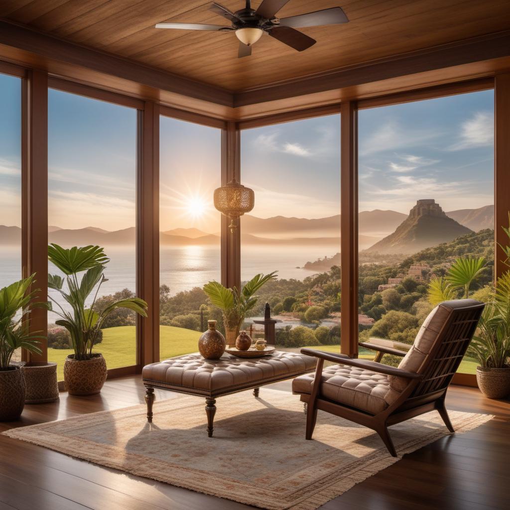  A vision of abundance showing financial security, freedom, and travel. Depict a beautiful, comfortable home representing financial prosperity. Include symbols of freedom, such as open landscapes and seamless transitions between work and leisure. Show elements of travel with a variety of stunning locations, like exotic beaches, historic landmarks, and bustling cityscapes. The image should evoke a sense of peace, fulfillment, and limitless possibilities with warm, inviting colors and a harmonious composition. hyperrealistic, full body, detailed clothing, highly detailed, cinematic lighting, stunningly beautiful, intricate, sharp focus, f/1. 8, 85mm, (centered image composition), (professionally color graded), ((bright soft diffused light)), volumetric fog, trending on instagram, trending on tumblr, HDR 4K, 8K