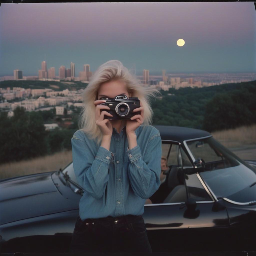  analog film photo a platinum blonde girl takes pictures on a polaroid in a black shirt, next to a guy there is a blonde in a denim shirt, a black car, a view from the hill, in the background the city, the time of dusk, a full light moon, the style of the 80 90s. . faded film, desaturated, 35mm photo, grainy, vignette, vintage, kodachrome, lomography, stained, highly detailed, found footage