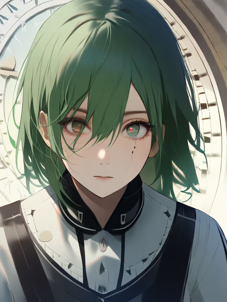  green hair,(((pupil up focus:1.5))),(((the clock is my eye:2.0))),(((in your eyes the clock is ticking:2.0))),realistic